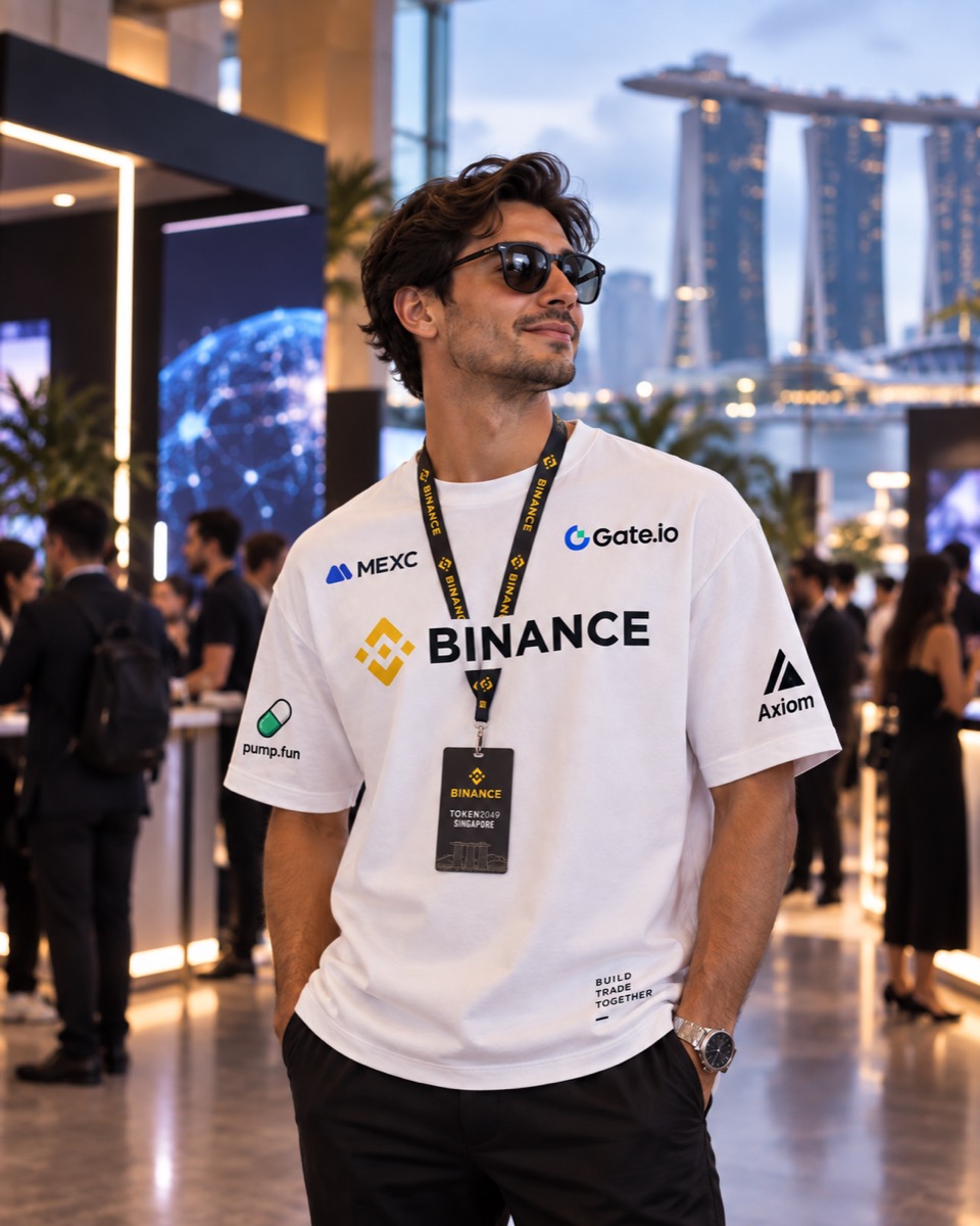 Mock-up of a sponsor tee covered in brand logos at a crypto event